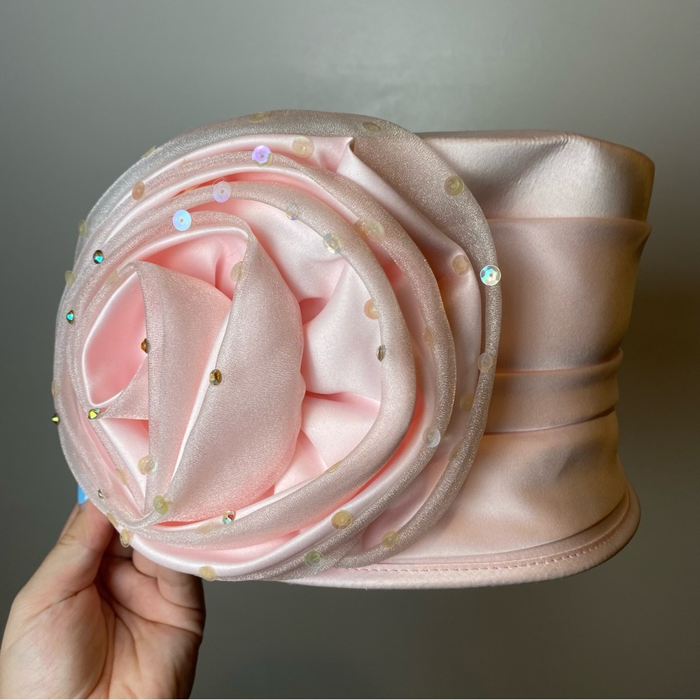 Whittall & Shon Flamboyant Sequin Rose Derby Hat Pink Satin Floral Hat